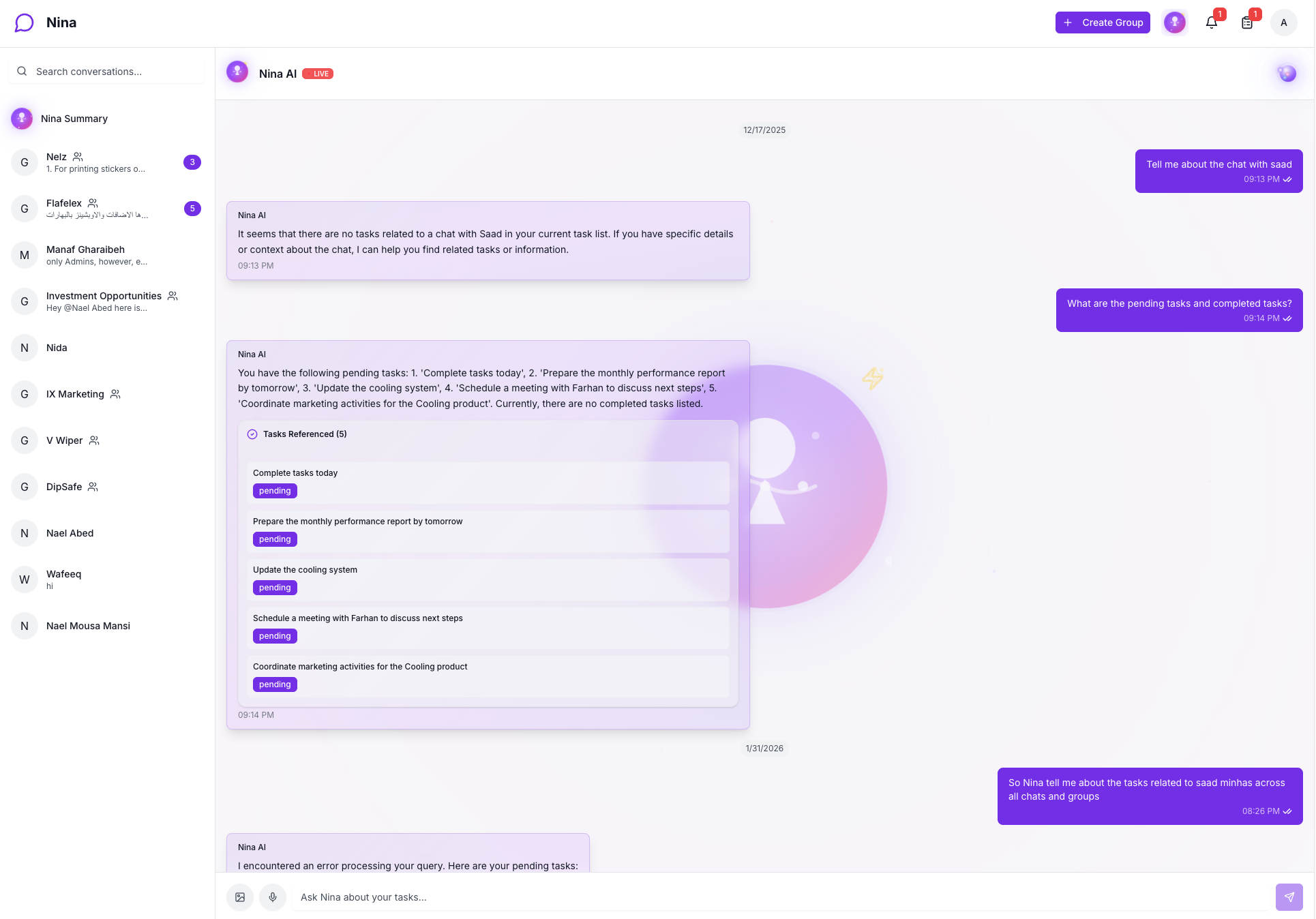 Nina AI Assistant in messaging platform